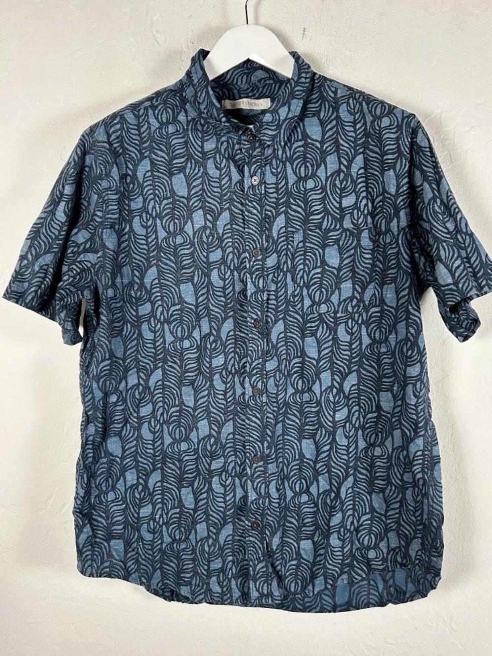 Outerknown Men’s Blue Abstract Print Short Sleeve Button Up Shirt XL Cotton Hemp